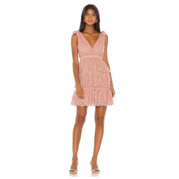 Bardot 6 Dusty Rose Pink Roxie Tiered Layered Lace Dress Shoulder Tie Cocktail - Picture 13 of 14